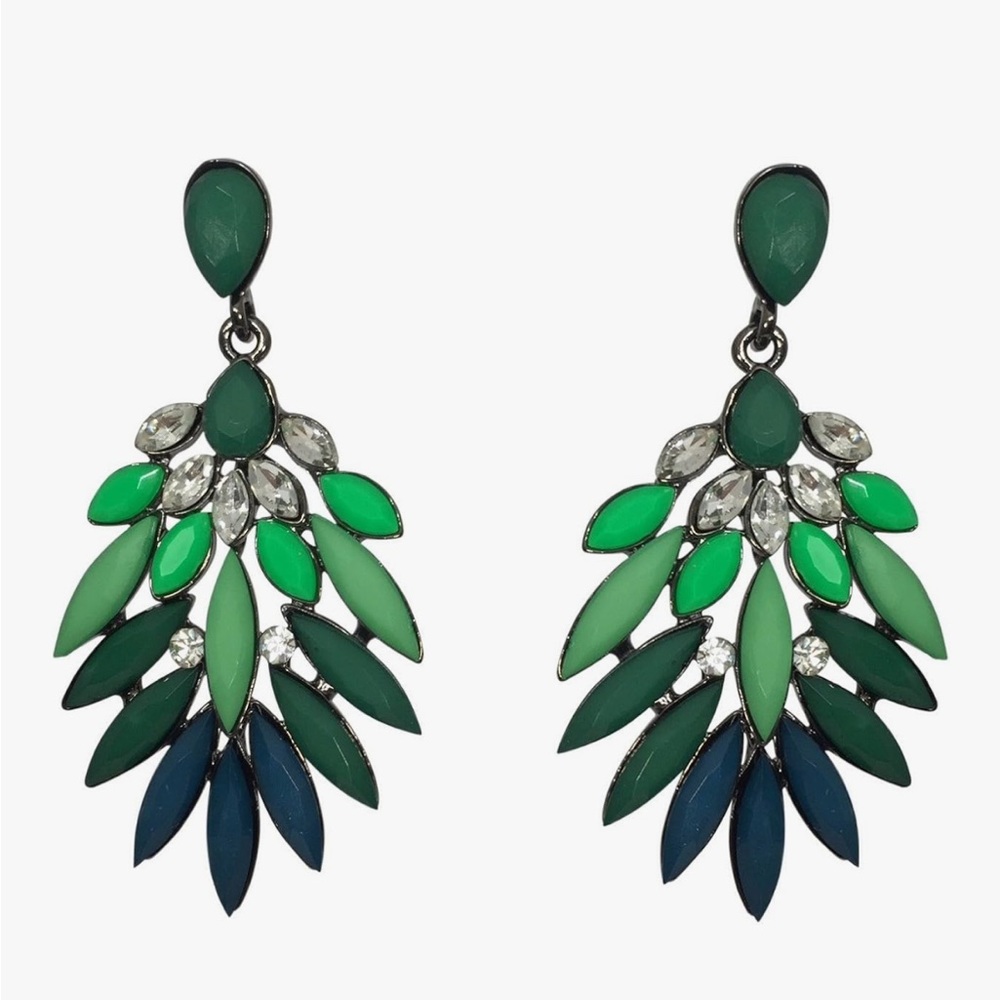 Green Blue Rhinestone and Resin Post Back Long Dangle Earrings